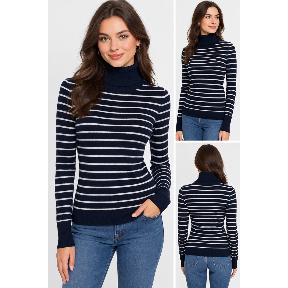 NWT French Connection M Babysoft Striped Turtleneck Jumper Navy White Knit $98